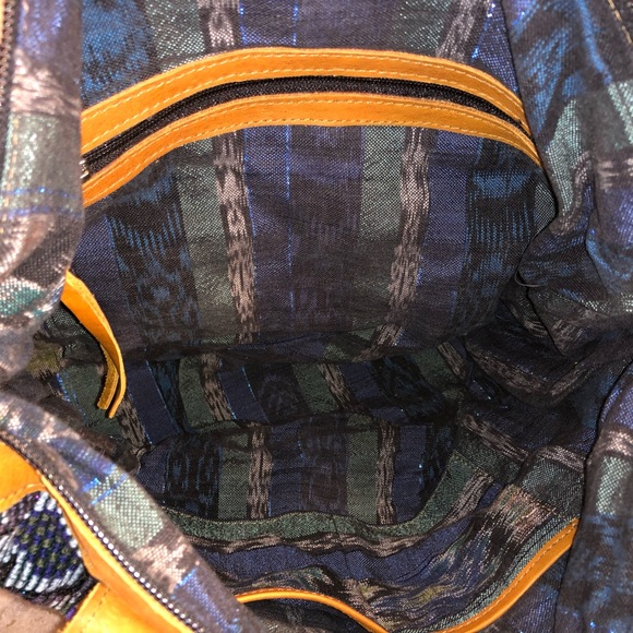 Blue and green woven purse with tan leather - Picture 6 of 6